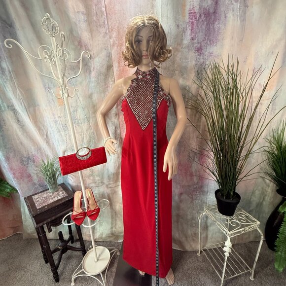 VTG 📌Ashley Ames 1990s Formal - Prom - Ball Richly Beaded Halter Neckline Gown - Picture 5 of 16